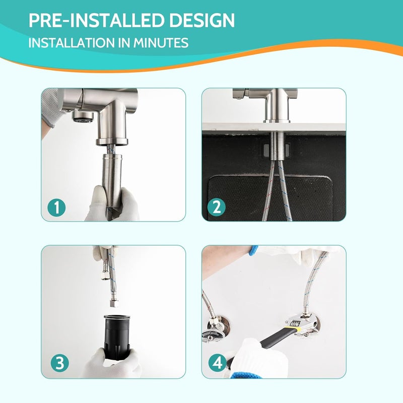 kicimpro LED Kitchen Faucet with Pull Down Sprayer, Brushed Nickel Faucet for Kitchen Sink, Single Handle High Arc 304 Stainless Steel LED Commercial Bar Kitchen Sink Faucet for 1 Hole Or 3 Hole - Image 5